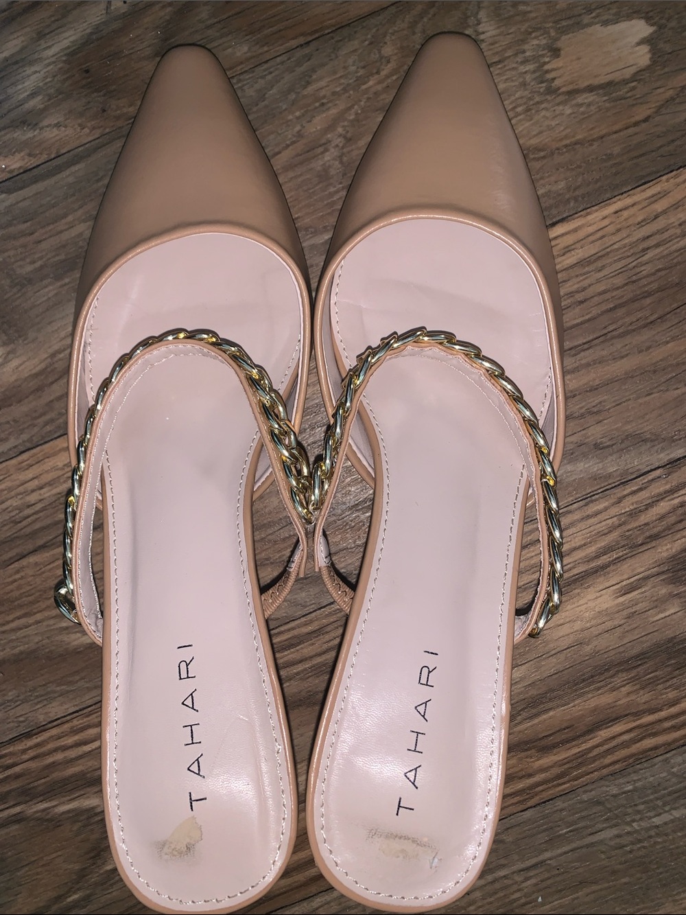 Tahari Nude Pointed Toe Mules with Gold Chain Strap